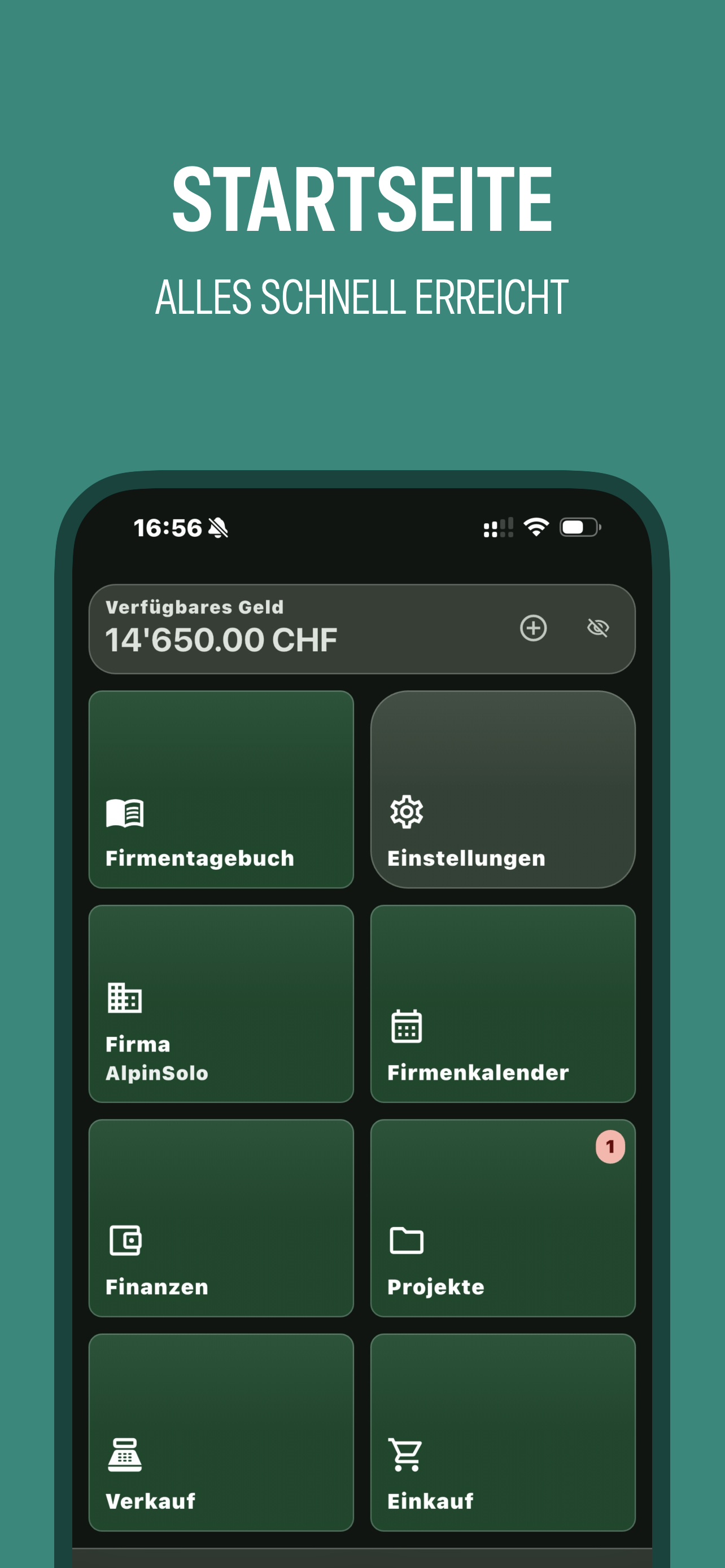 Startseite mit Kacheln für Firmentagebuch, Finanzen, Projekte, Verkauf und Einkauf, darüber das verfügbare Geld