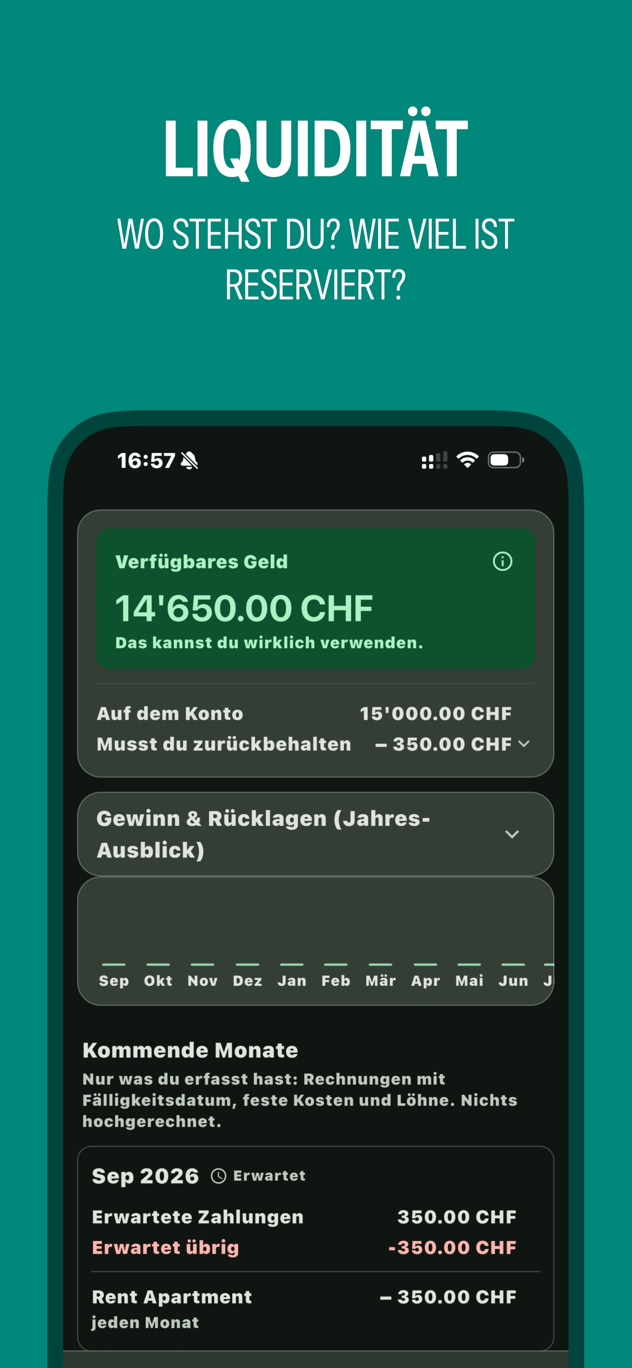 Liquidität: verfügbares Geld, was zurückbehalten werden muss, und die kommenden Monate