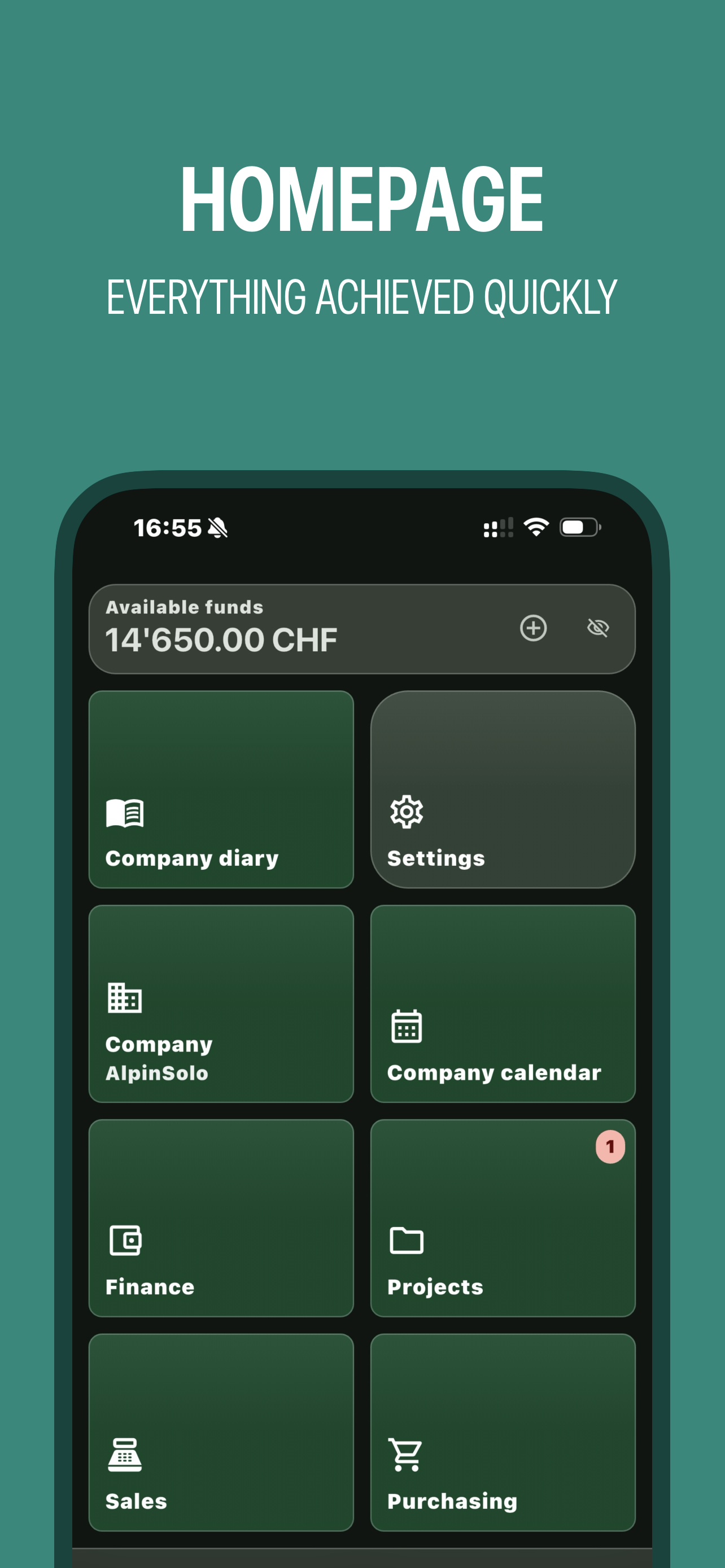 Home screen with tiles for company diary, finances, projects, sales and purchasing, available money above them