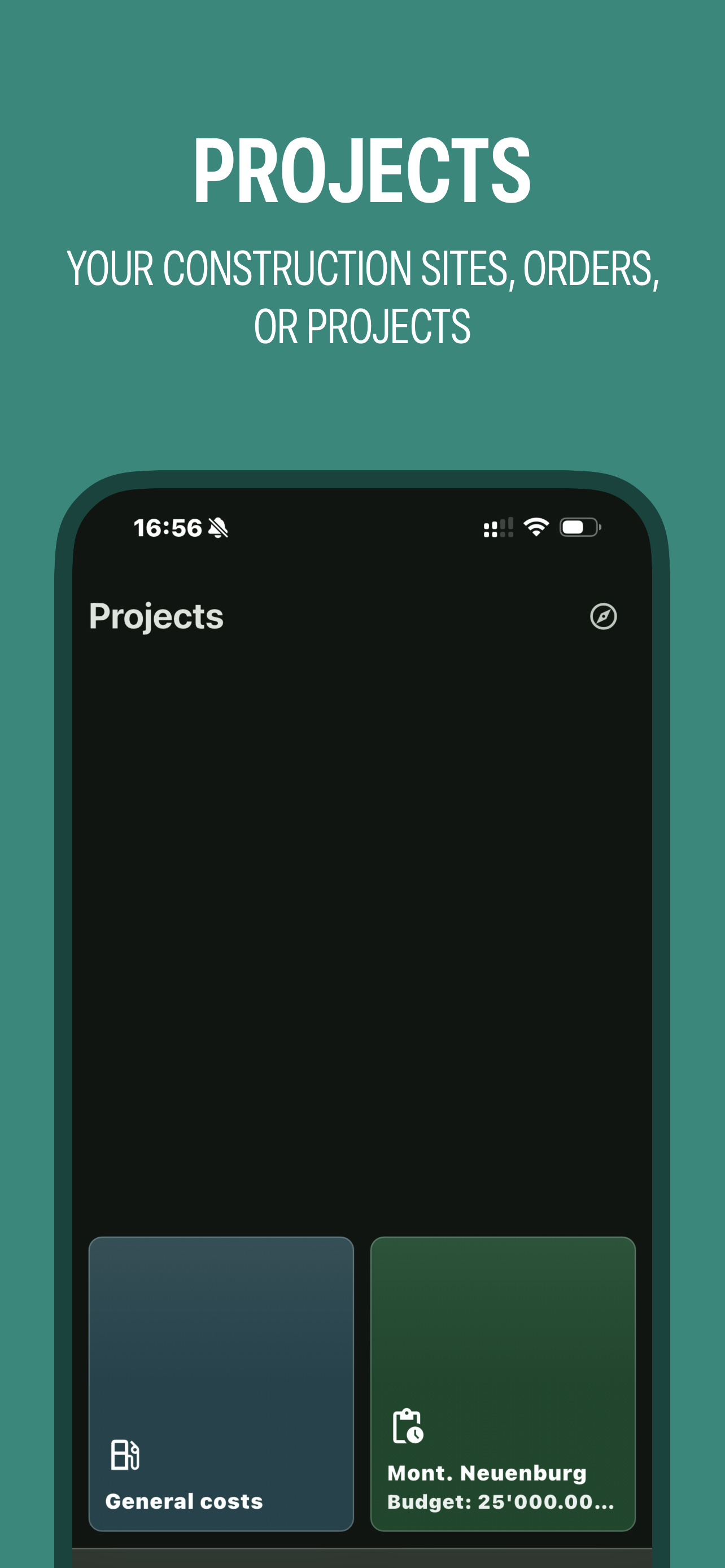 Project list with building sites and jobs, each entry with its budget