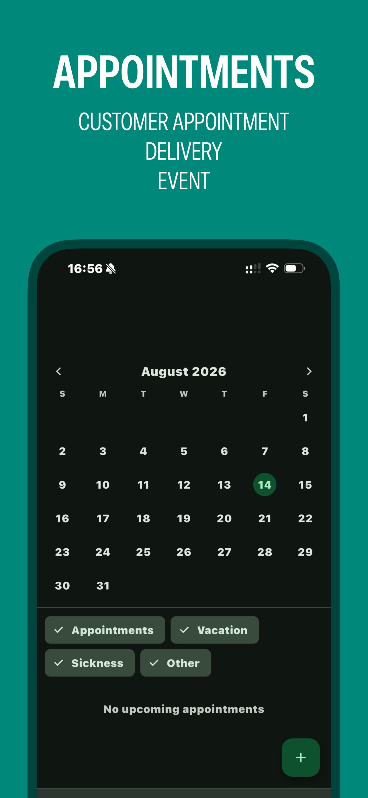 Company calendar with appointments, holidays and sick leave