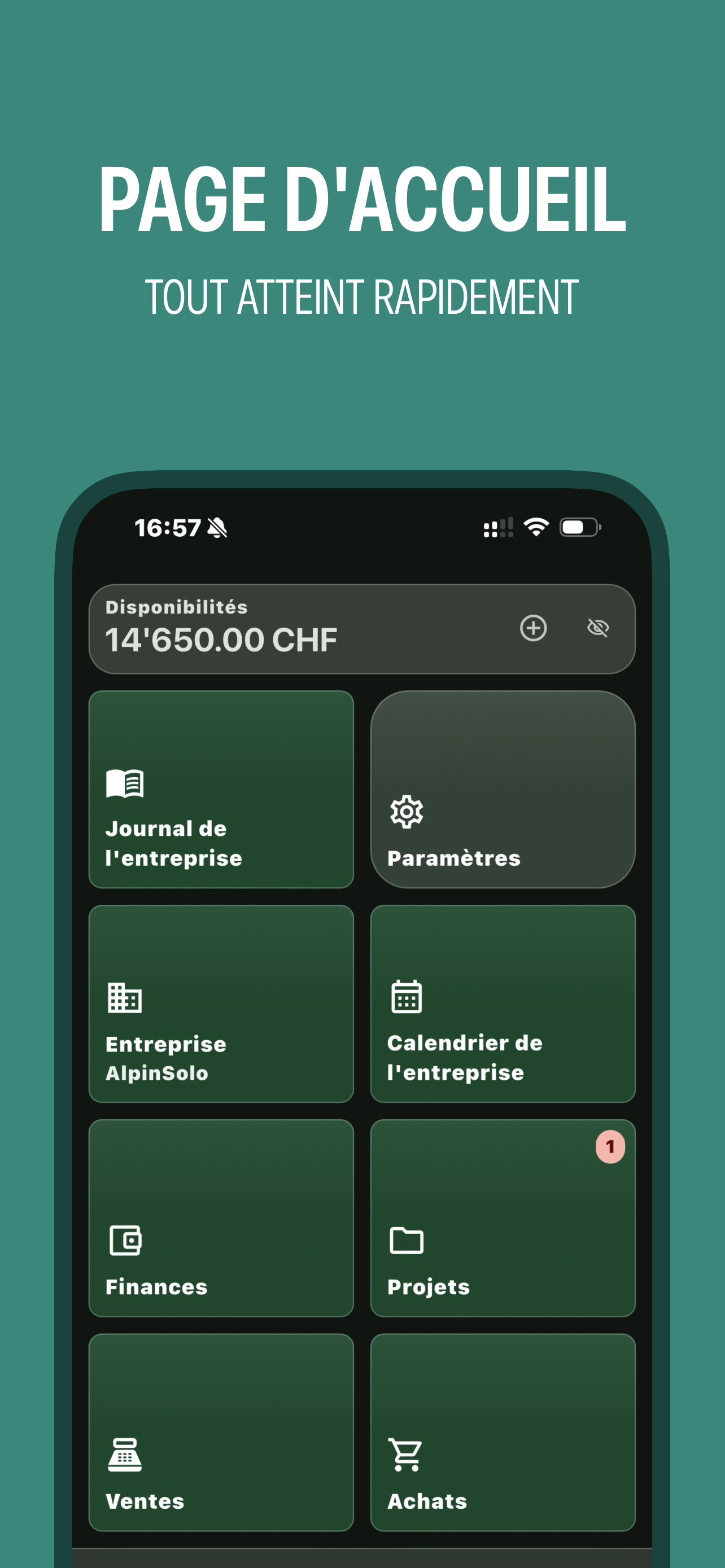 Écran d'accueil avec les tuiles journal d'entreprise, finances, projets, ventes et achats, et au-dessus l'argent disponible
