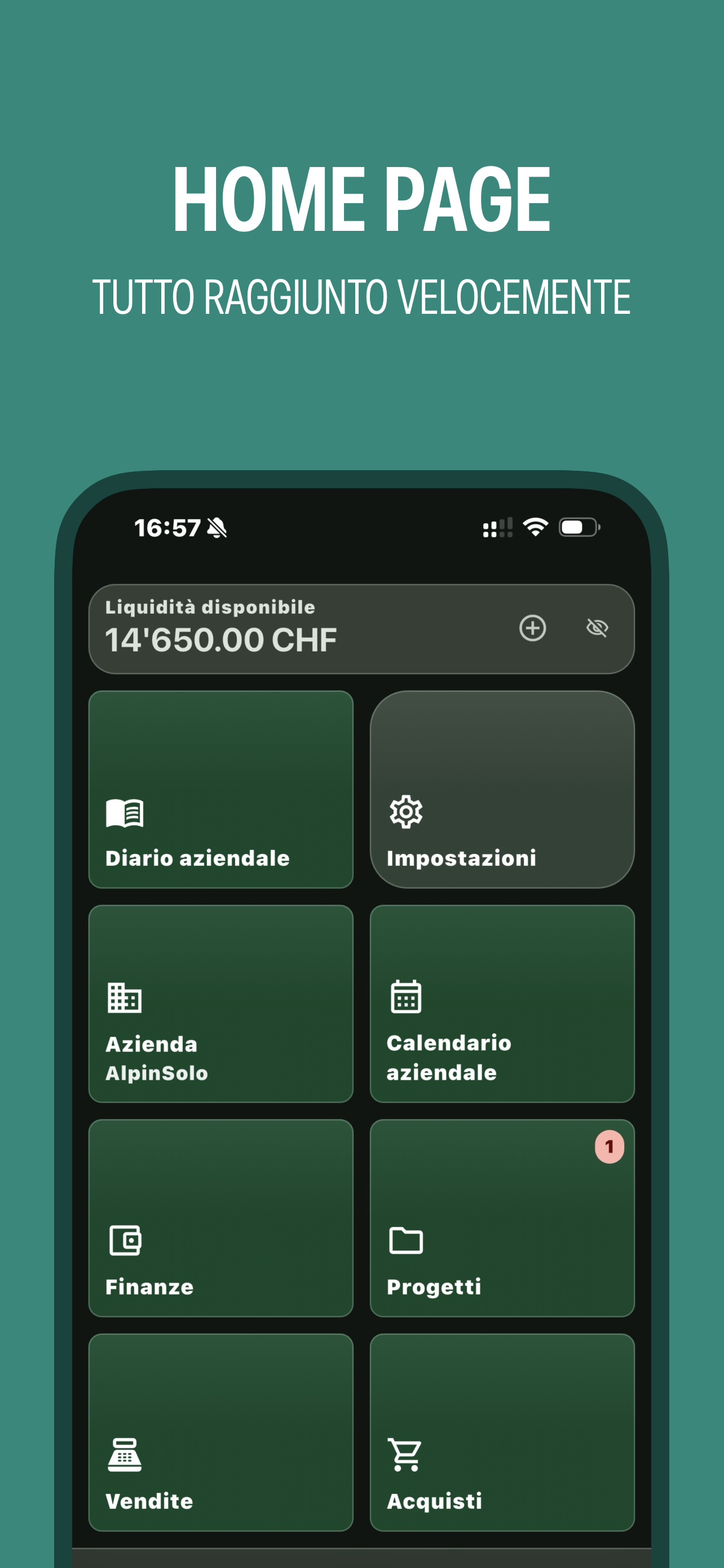Schermata iniziale con i riquadri diario aziendale, finanze, progetti, vendita e acquisto, in alto il denaro disponibile