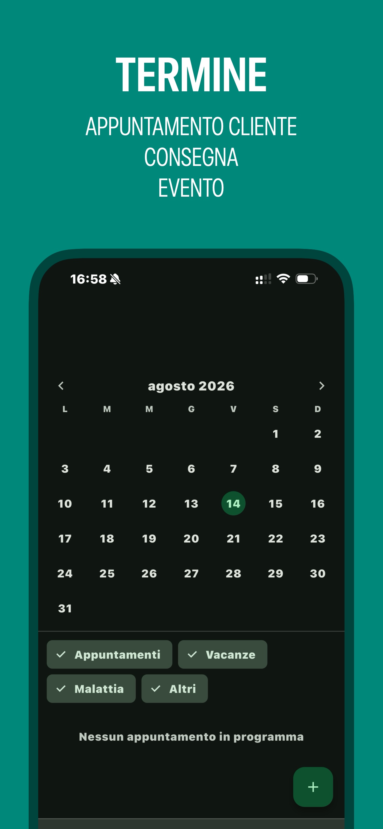 Calendario aziendale con appuntamenti, vacanze e malattia